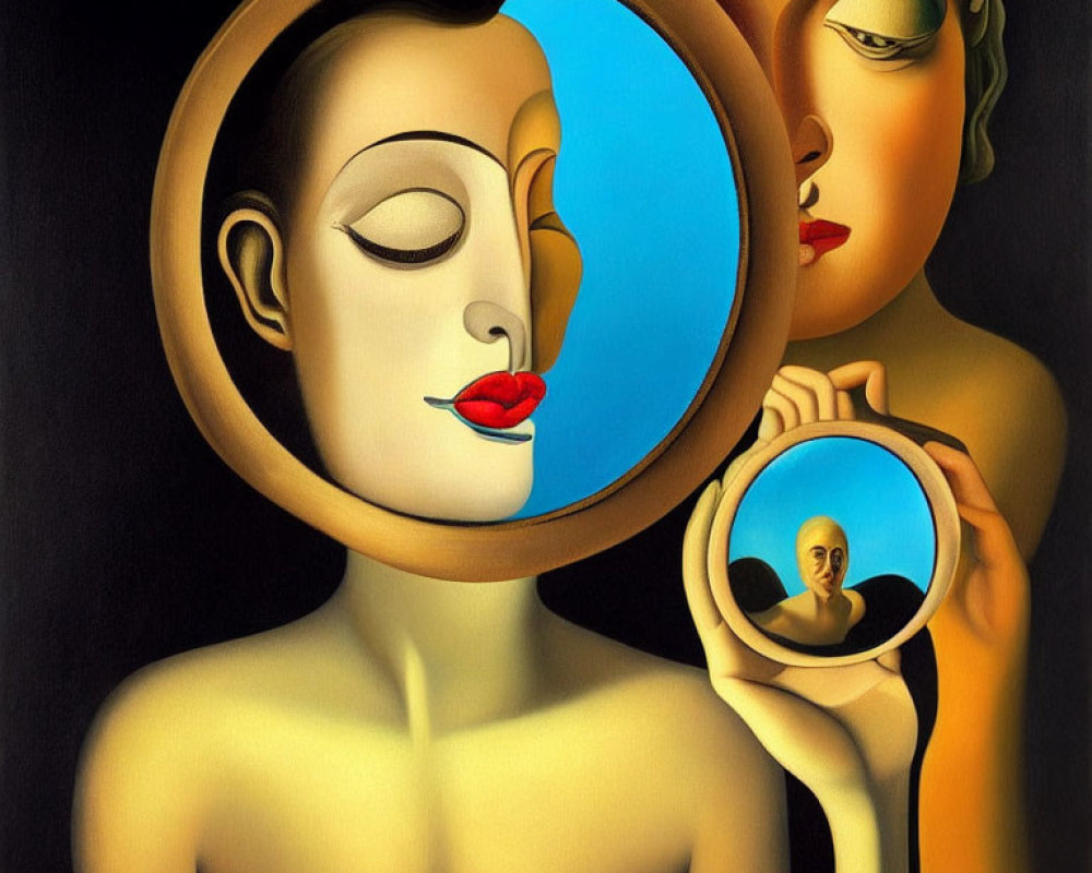 Surreal artwork: Three faces, two women with mirrors, man's face