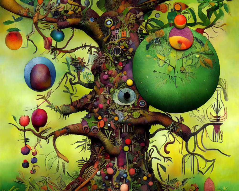 Colorful surreal artwork: vibrant tree, fantastical creatures, floating spheres.