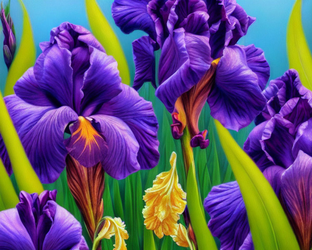 Vibrant purple irises with yellow centers on green backdrop.