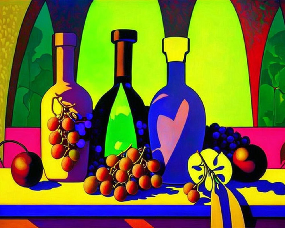 Vibrant still life painting with stylized bottles, grapes, and foliage in colorful hues