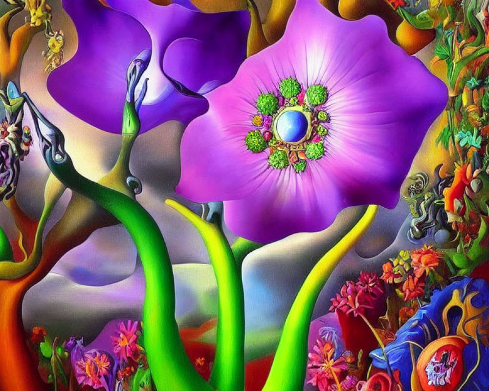 Colorful psychedelic artwork with oversized flower and gem center