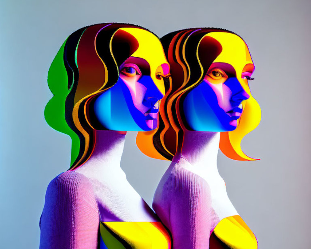 Twin female figures with colorful contour lighting on neutral background