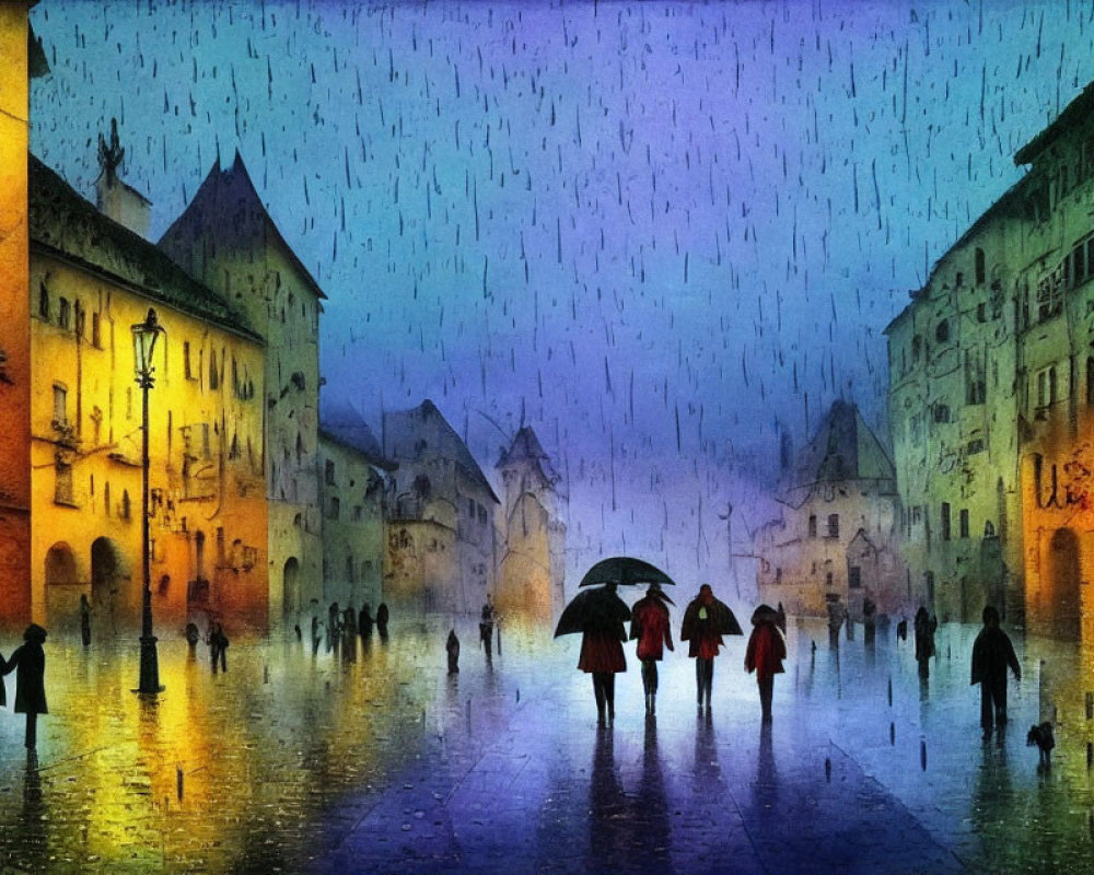 Twilight scene of rain-soaked cobblestone square with umbrellas and old buildings