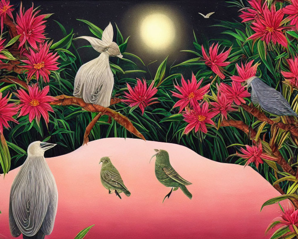 Whimsical night scene with quilted rabbits, birds, pink flowers, full moon