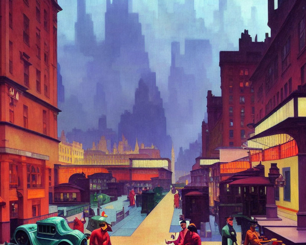 Vintage cityscape with cars, people in period clothing, and trains amid hazy skyscrapers