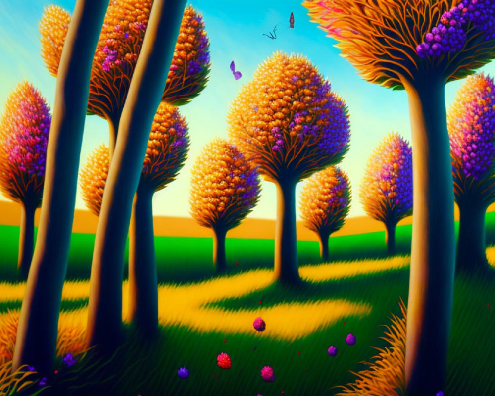 Colorful Whimsical Landscape with Trees, Butterflies, and Flowers