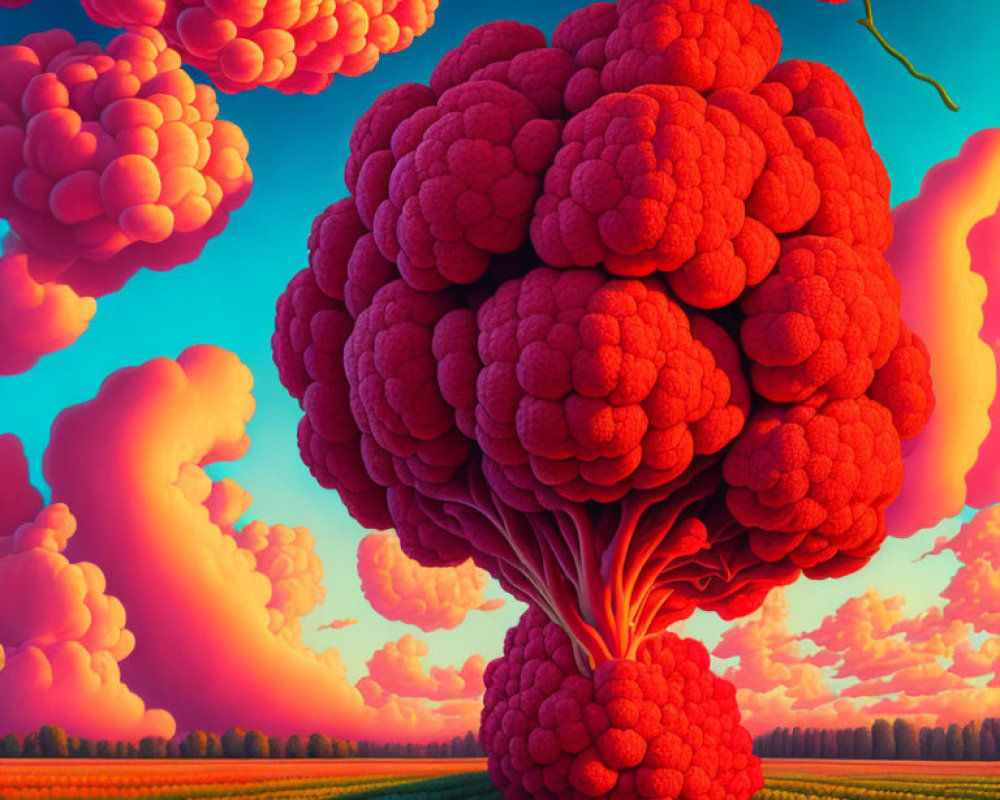 Surreal landscape with oversized raspberry tree and colorful fields