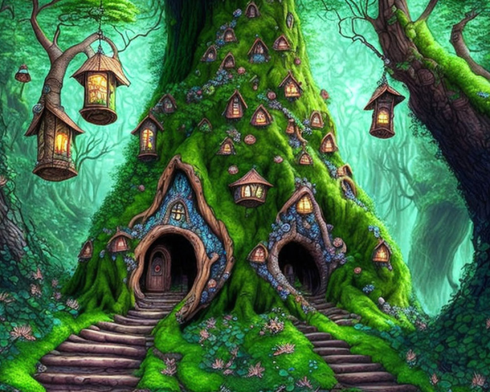 Whimsical treehouse illustration with lanterns, moss-covered doorway, stone steps, and tiny windows