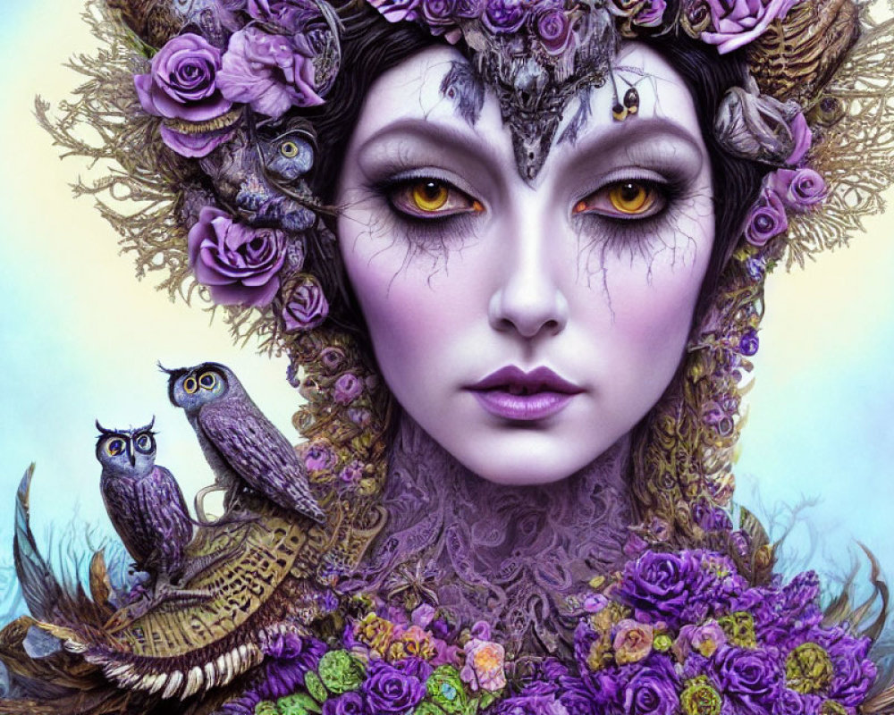 Fantastical portrait of woman with purple flowers, owls, intricate jewelry, and yellow eyes in