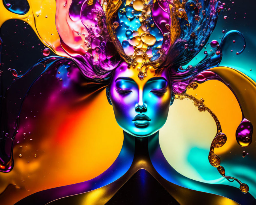 Colorful liquid splash crown on serene female figure.