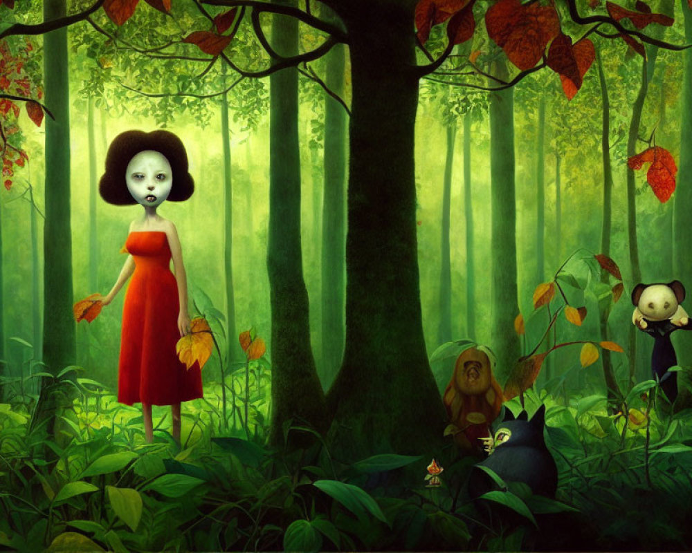 Cartoon girl in red dress in magical forest with stylized animals