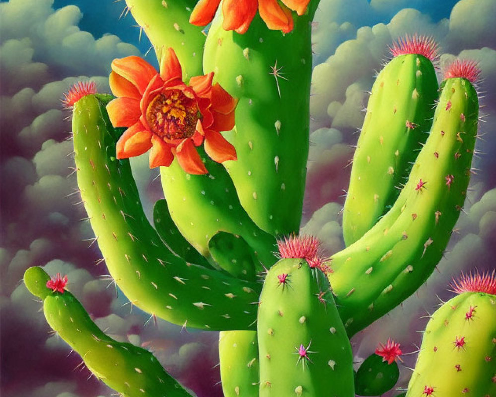 Colorful painting of green cactus with orange flowers in surreal sky