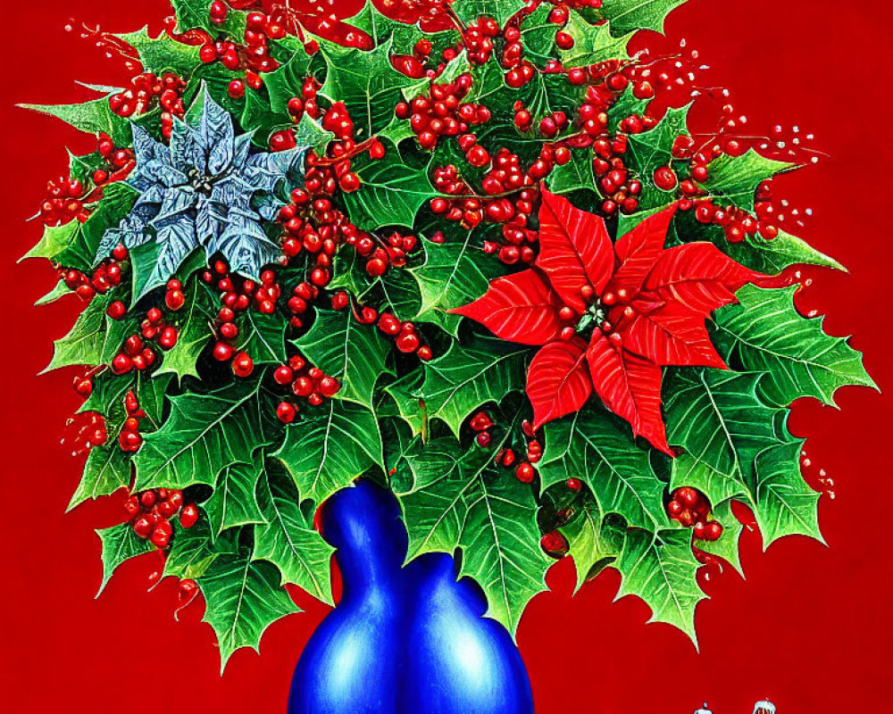 Colorful Christmas illustration with blue ornament, red baubles, holly berries, and green leaves