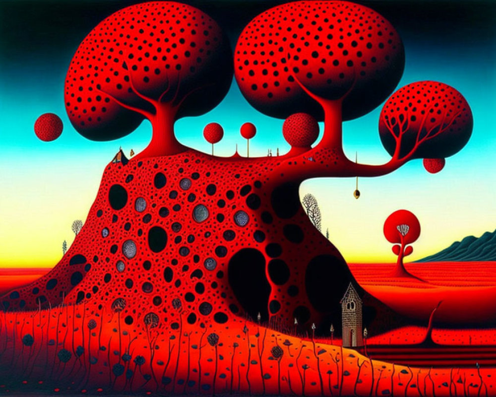 Surrealist landscape with red mushroom-like trees under gradient sunset sky