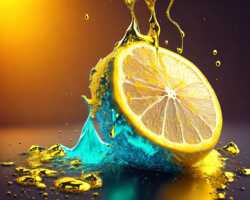 Colorful Lemon Slice Splashing in Water with Blue and Yellow Droplets