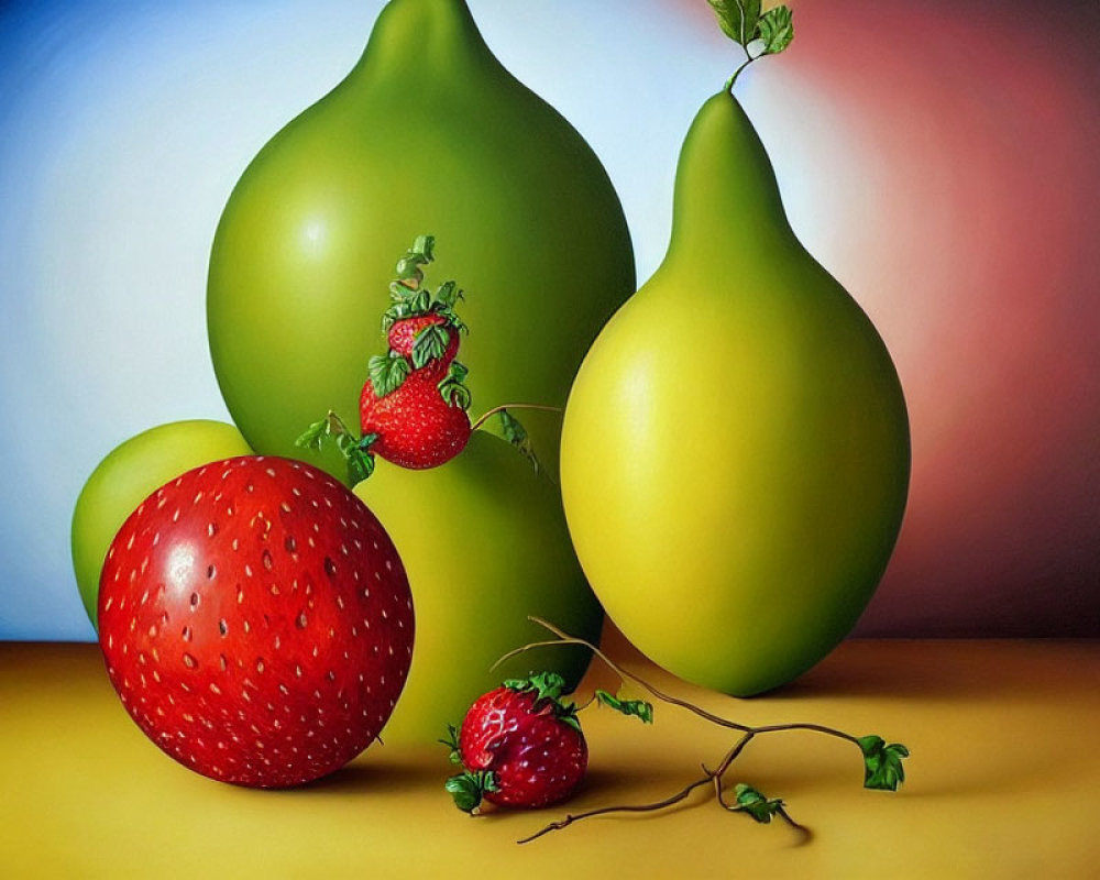 Hyperrealistic Painting of Oversized Fruits on Gradient Background