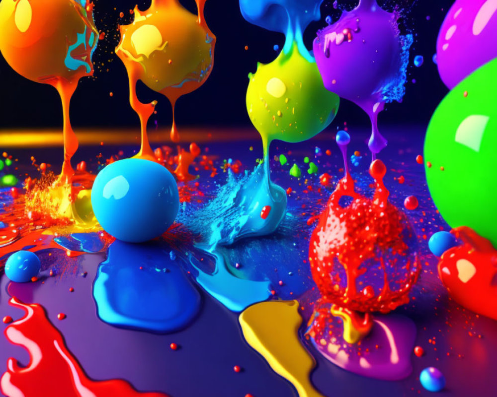 Colorful paint splashes and balloons on glossy surface