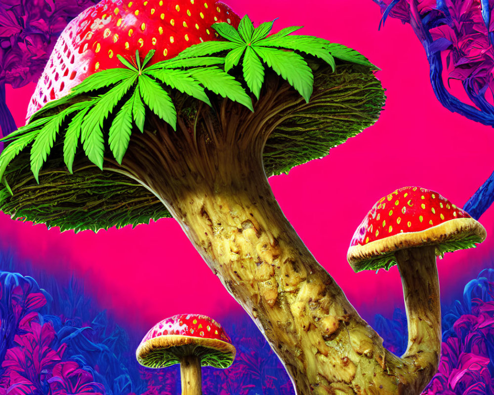 Colorful digital artwork: stylized mushrooms with strawberry-like caps and cannabis leaf gills on neon pink