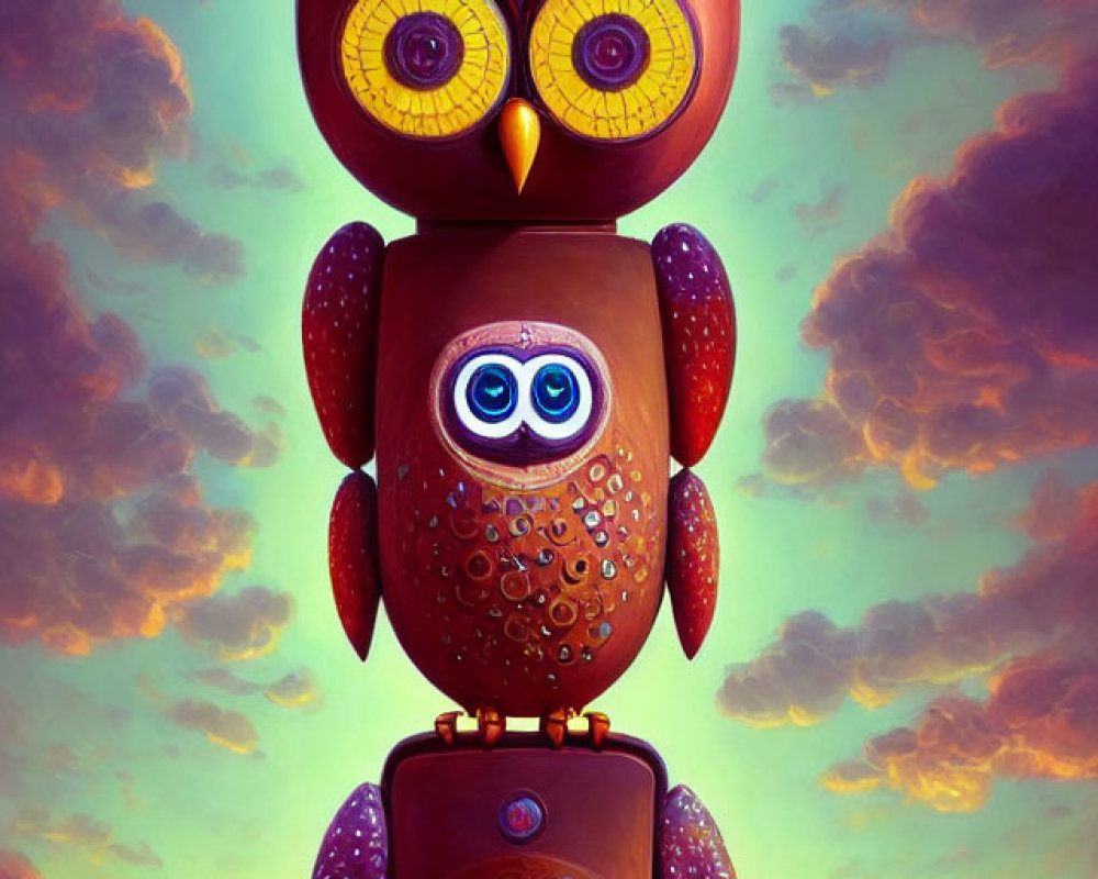 Colorful Robotic Owl Artwork Against Twilight Sky