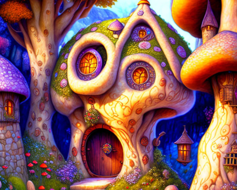 Colorful fantasy mushroom house in enchanted forest