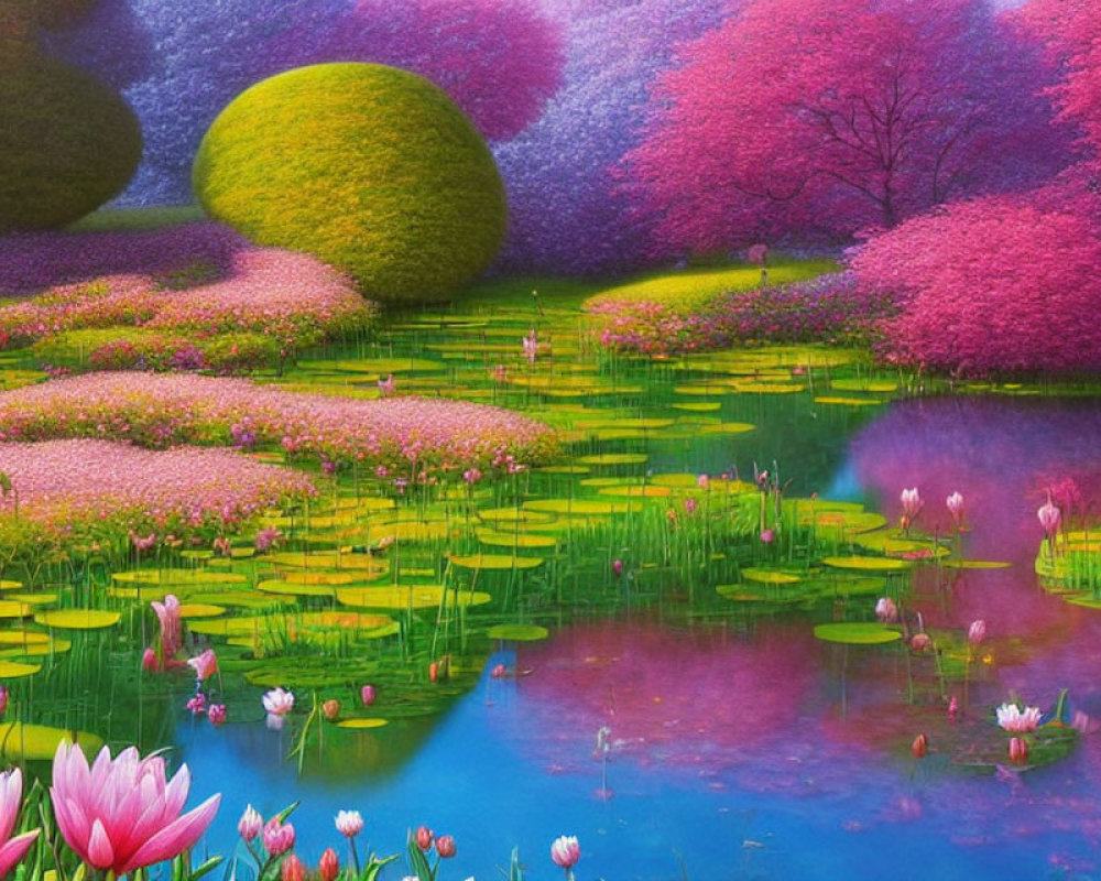 Colorful landscape with topiaries, pink blossoms, lily pads, and lotus flowers