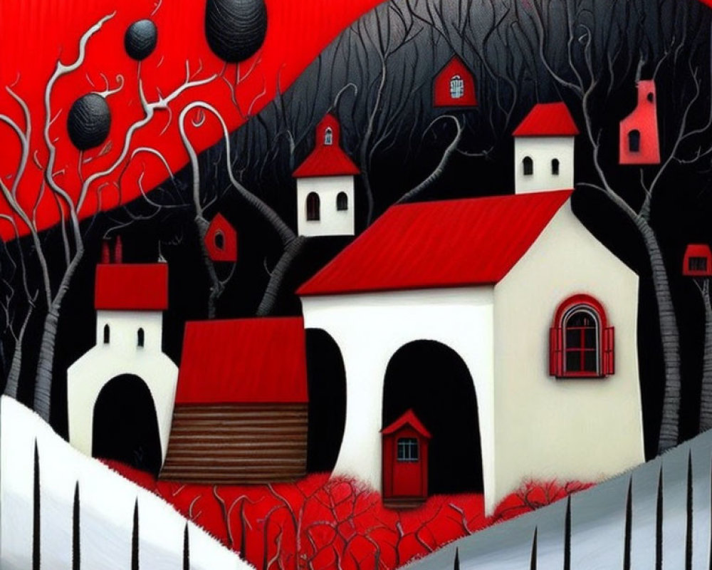 Surreal village scene with white buildings, red roofs, black trees, floating orbs, and pick