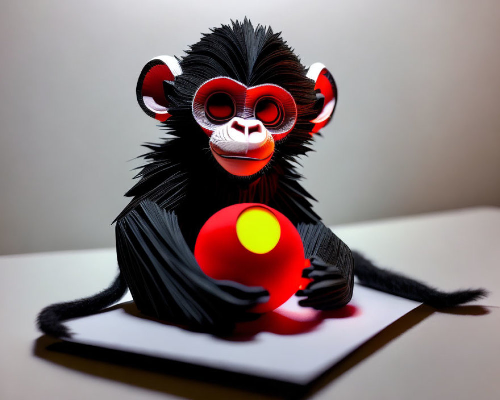 Colorful Papercraft Monkey Model with Red and White Features Holding Red Ball