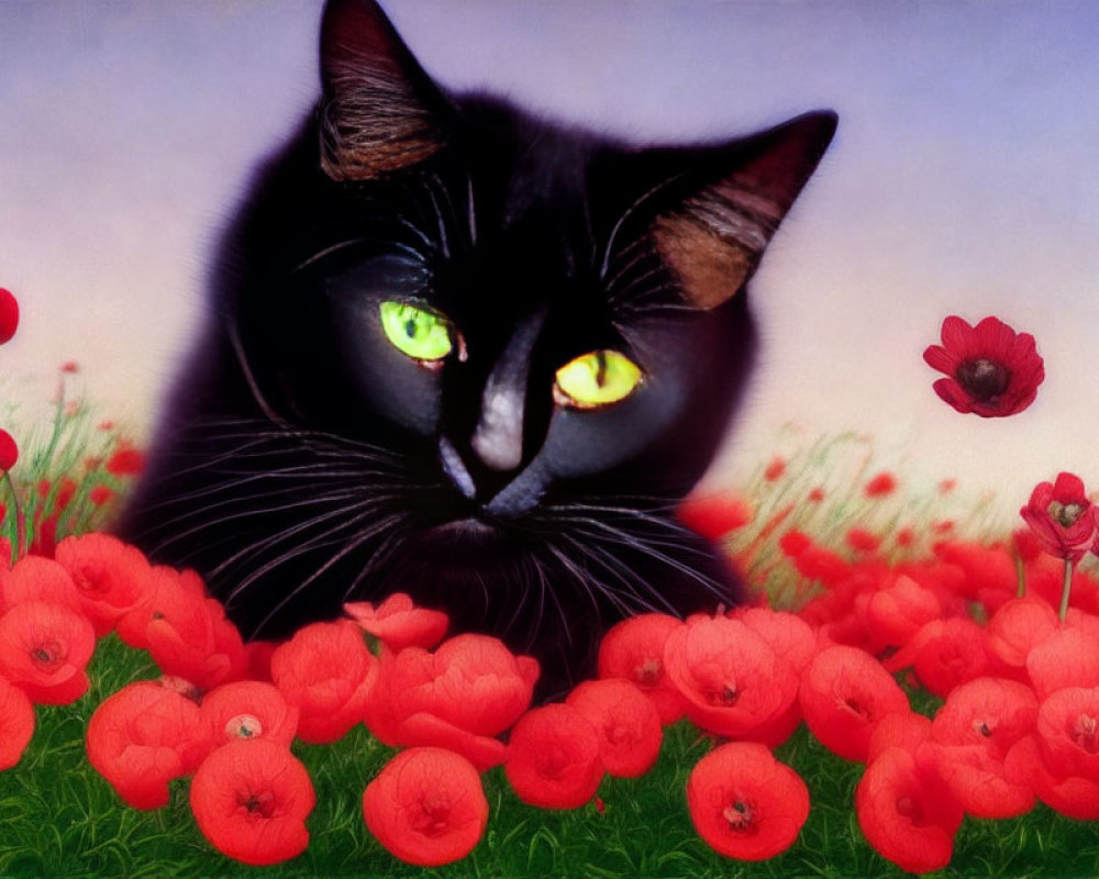 Black Cat with Yellow Eyes in Red Poppy Field Under Hazy Sky