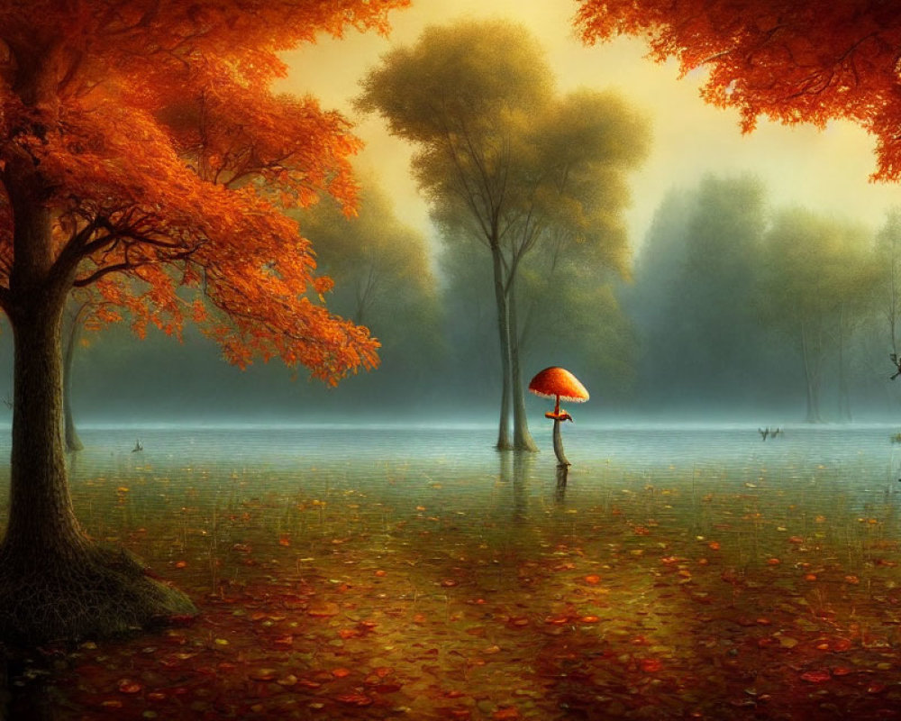 Golden-orange foliage, person with red umbrella, misty autumn backdrop