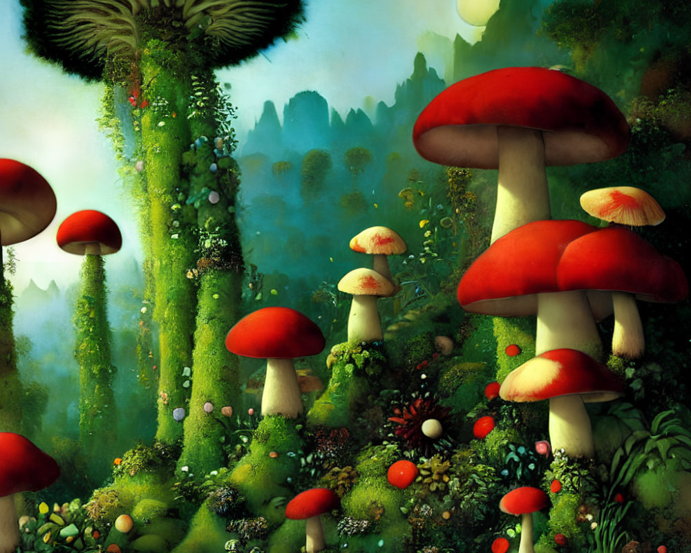 Colorful Fantasy Landscape with Red-Capped Mushrooms and Mountain Silhouettes