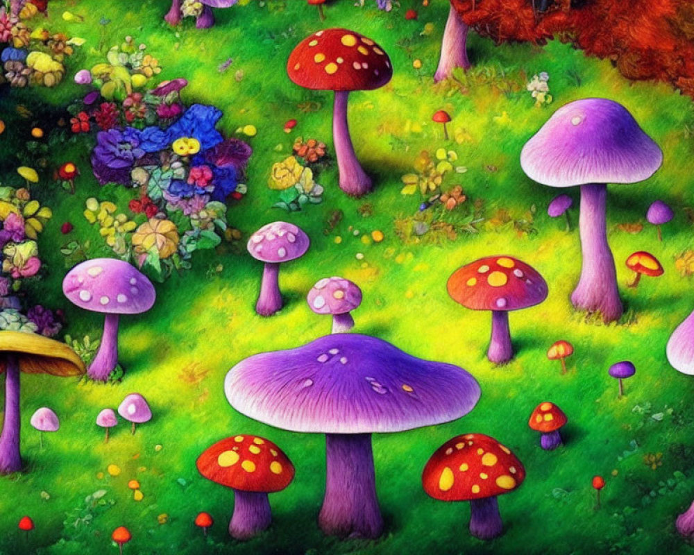 Colorful Mushroom and Flower Illustration on Green Background