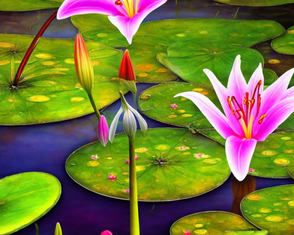 Colorful digital artwork featuring pink water lilies and lily pads on serene water.