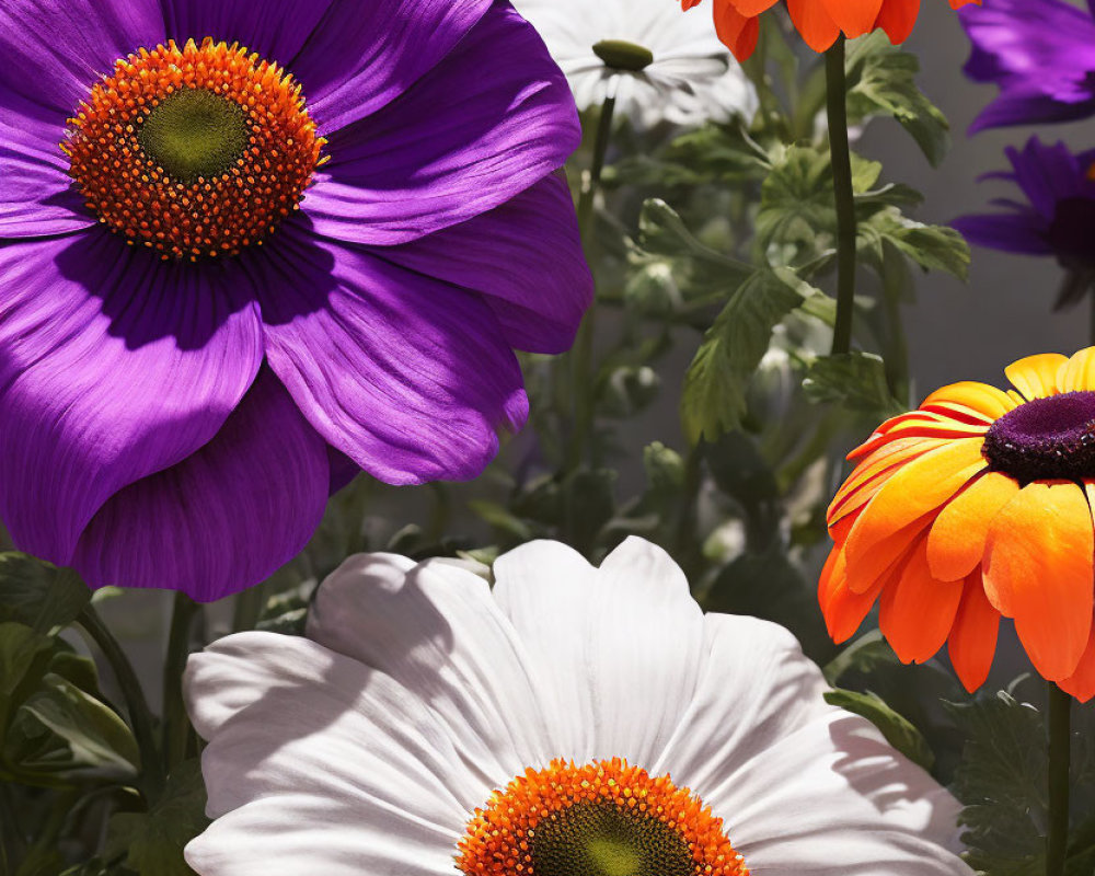 Colorful Close-Up of Purple, White, and Orange Daisies