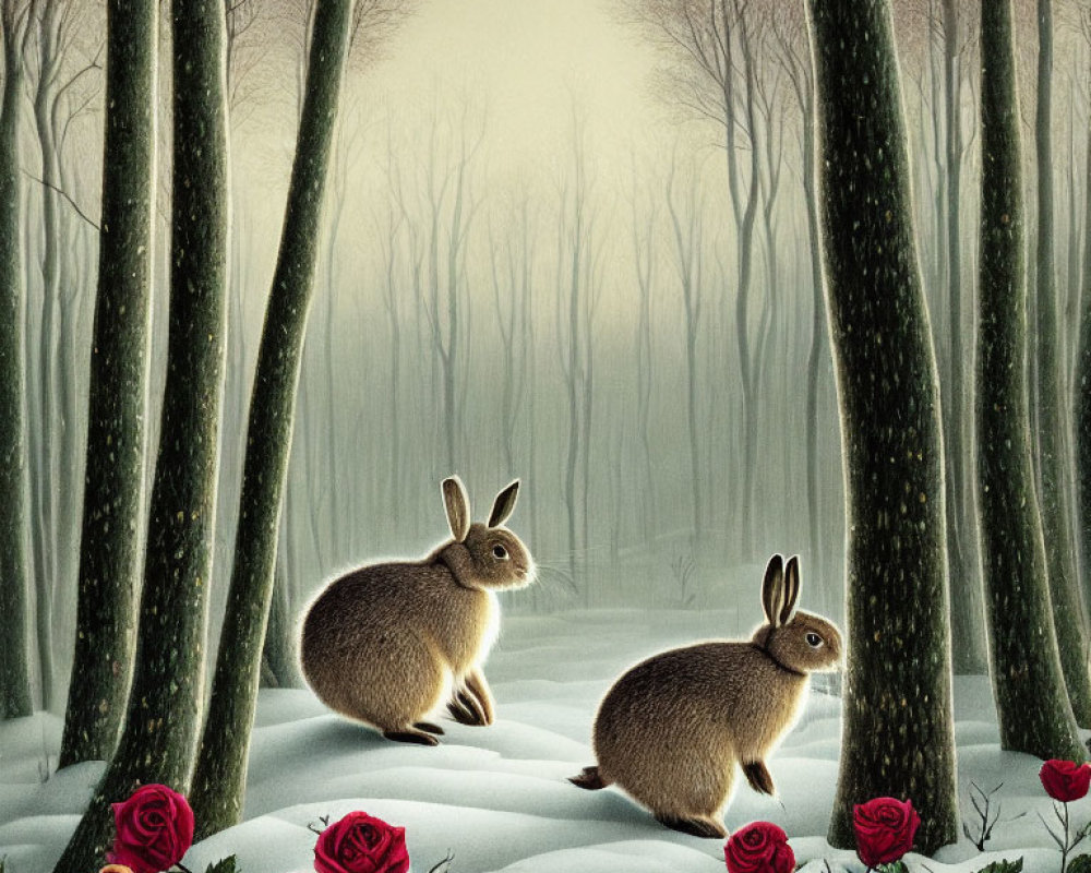 Two rabbits in snowy forest with red roses