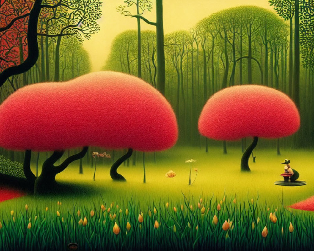 Colorful painting of whimsical forest with oversized mushroom-shaped trees and person sitting peacefully among vibrant flora