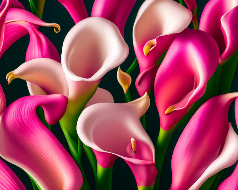 Pink Calla Lilies and Purple Flowers with Yellow Stamens on Dark Background