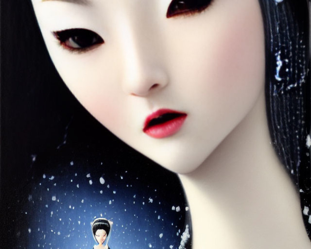 Doll with Pale Skin and Black Hair Holding Smaller Version on Starry Background