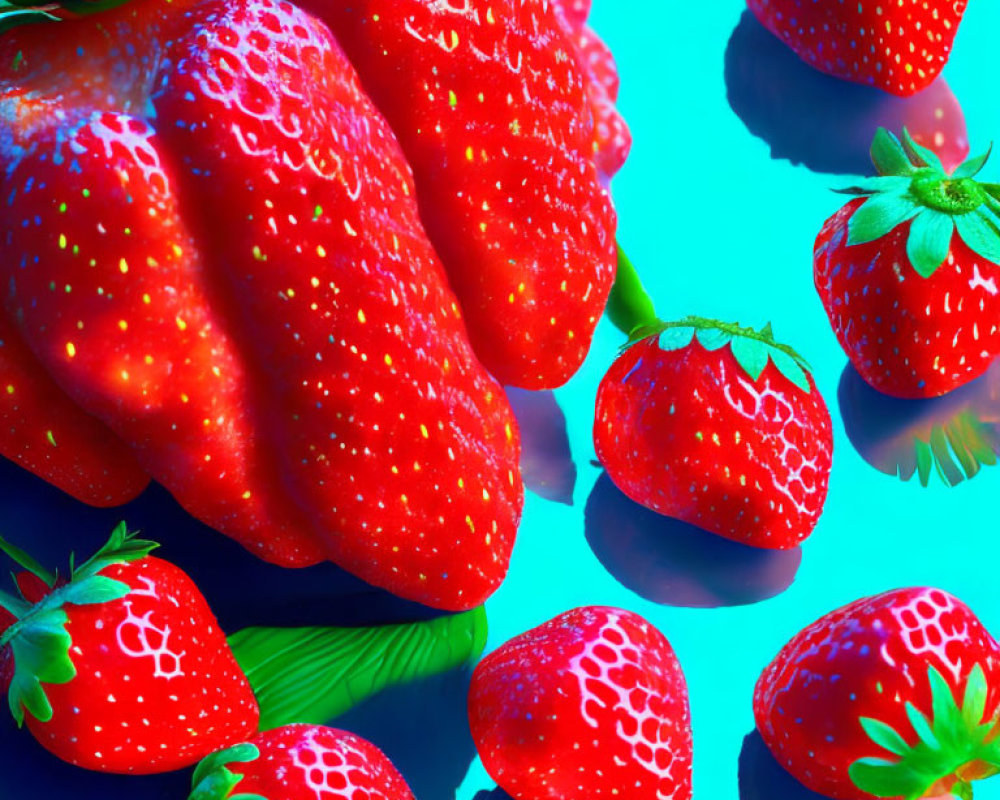 Fresh Red Strawberries on Bright Blue Background