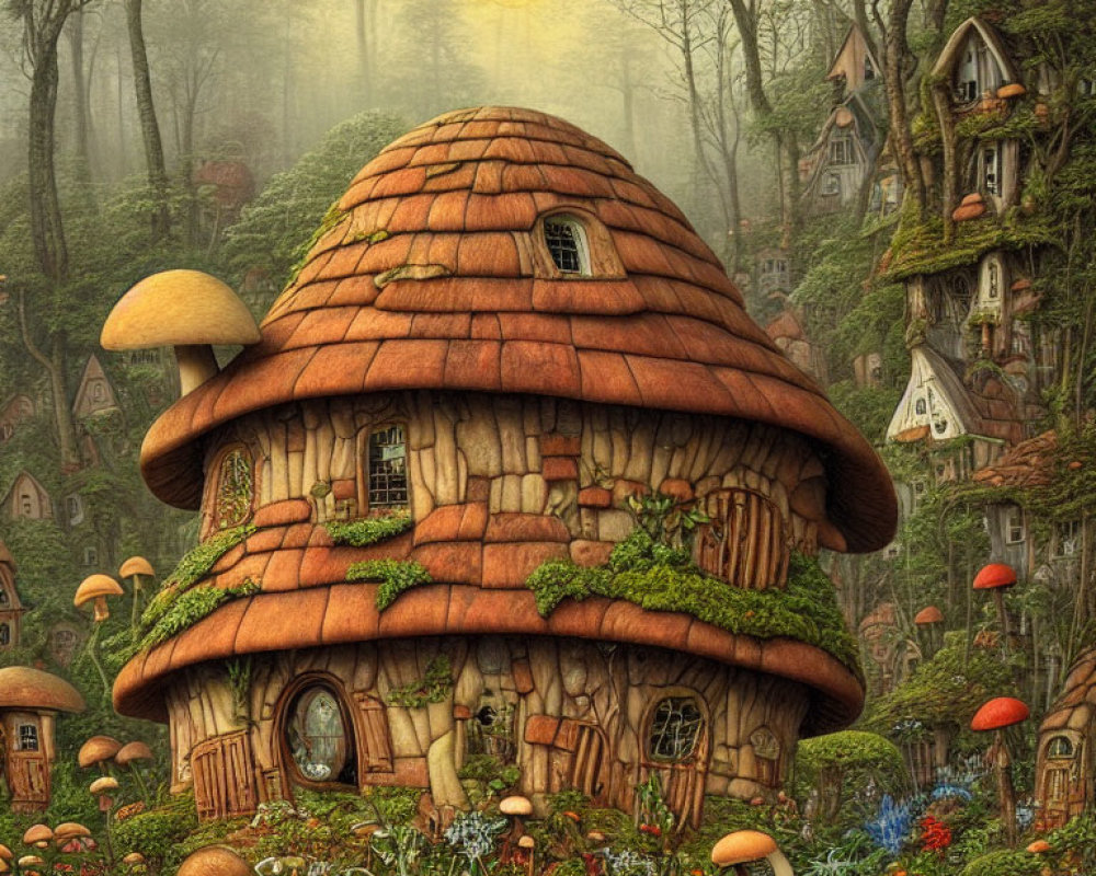 Enchanting forest scene with mushroom house and tree houses