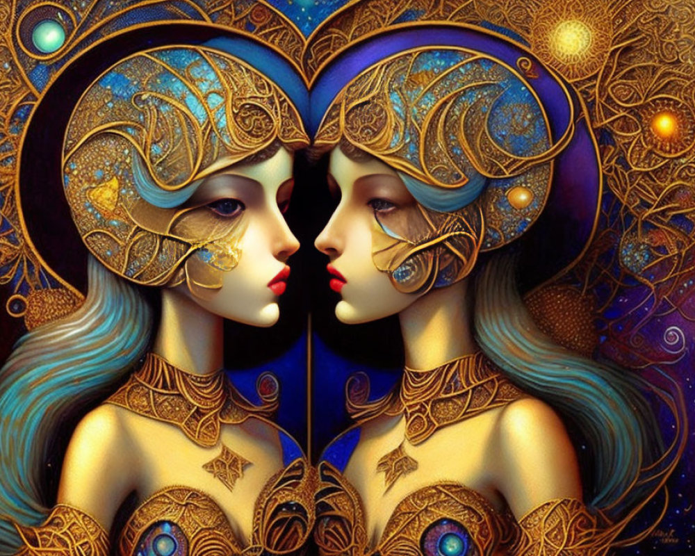 Symmetrical fantasy-style female figures with gold headpieces and celestial background