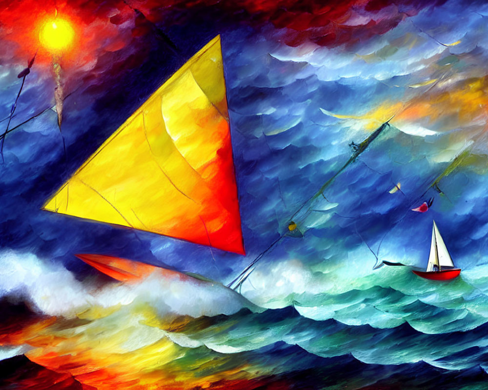 Colorful sailboat painting with dramatic sky and soaring kite