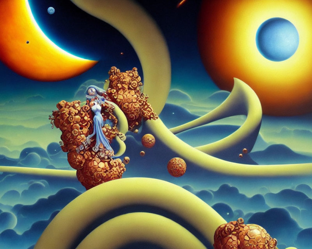 Surreal cosmic scene with person on golden flower structure, moons, planets, starry backdrop