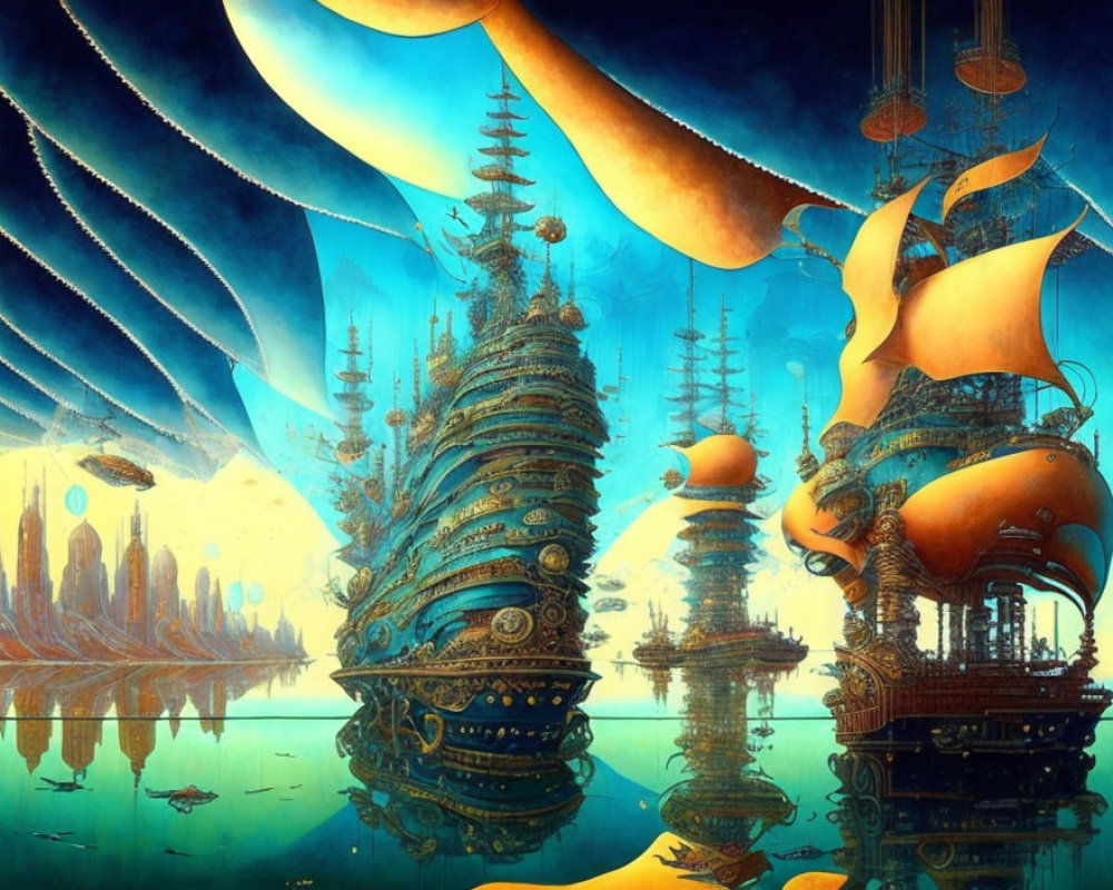 Vividly colored artwork: Otherworldly city with towering spires