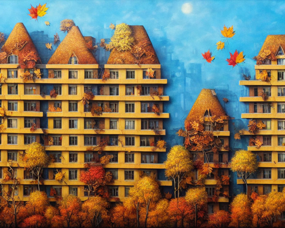 Building facade adorned with autumn leaves, balconies, and trees under a clear sky.