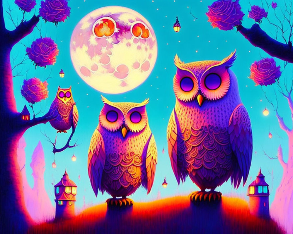 Colorful illustration of three owls under a whimsical moon in a purple forest.