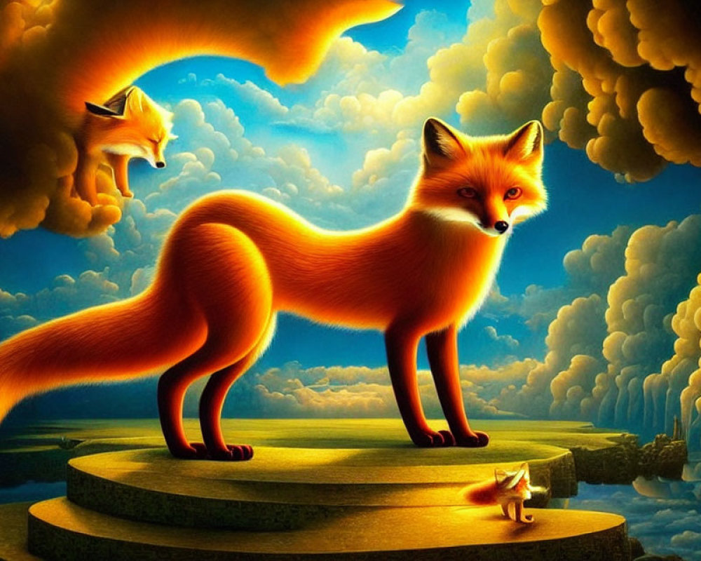 Colorful painting of foxes on rock pillars in fantasy cloudscape