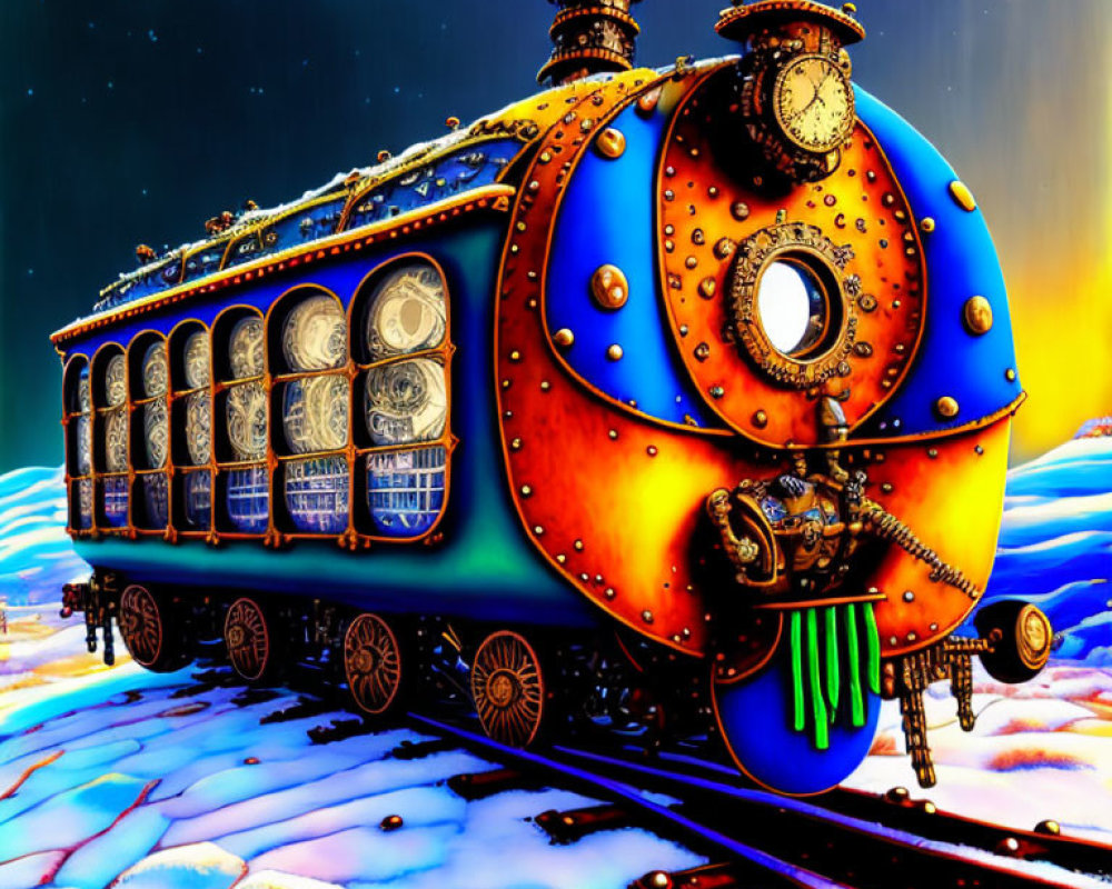 Colorful Whimsical Steam Train Against Cosmic Backdrop