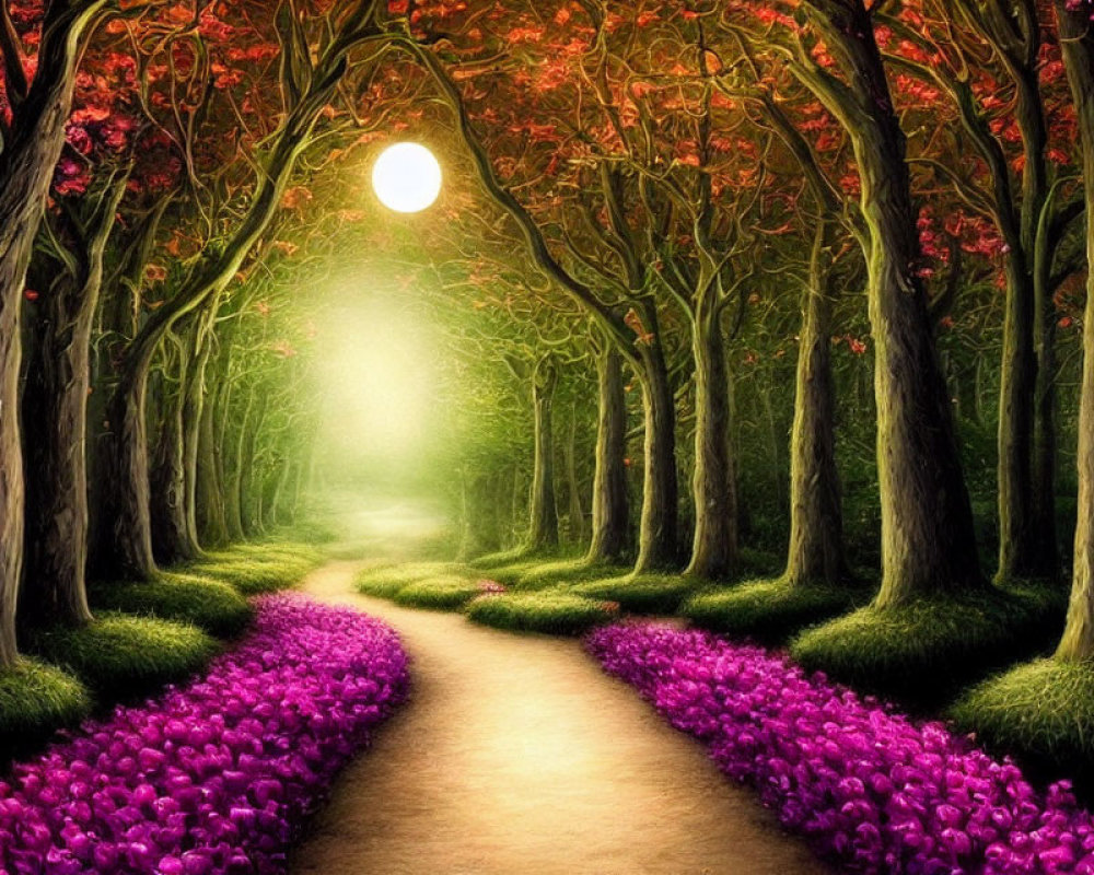 Enchanting moonlit forest with purple flowers and red foliage