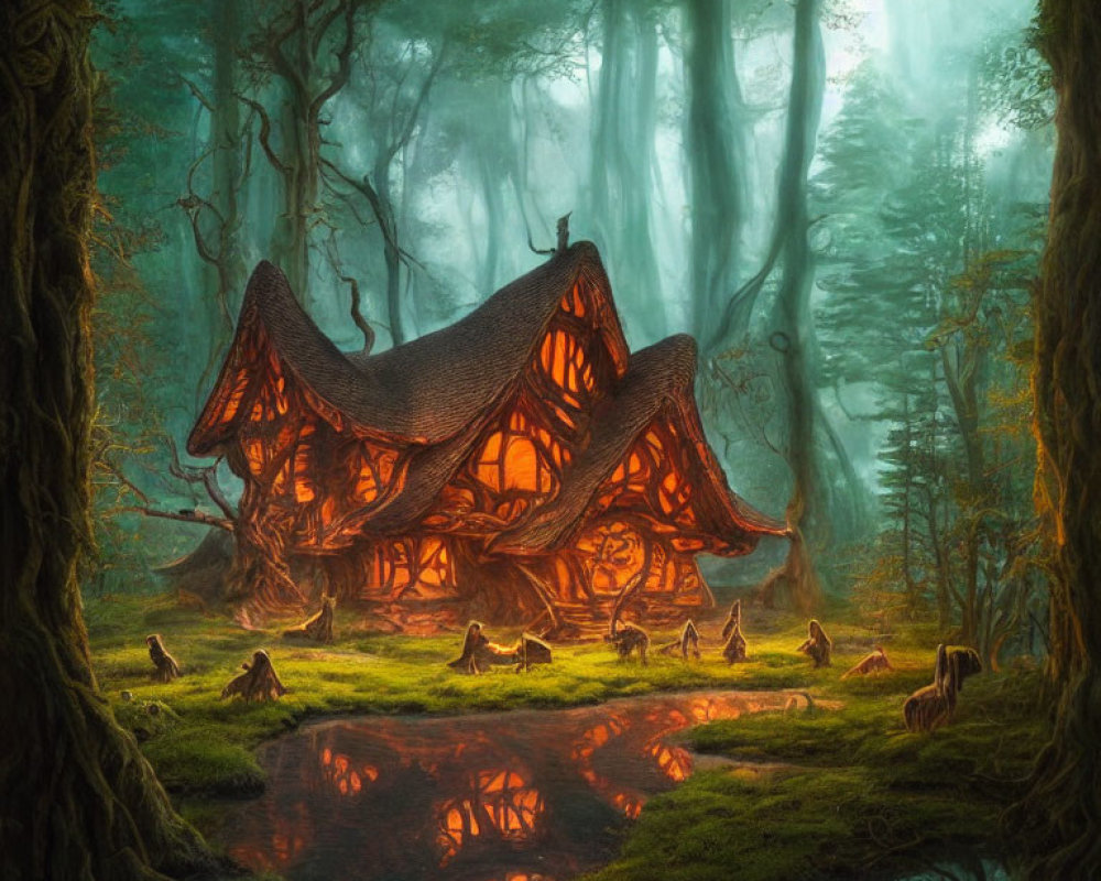 Mystical wooden house in enchanting forest with golden sunlight and serene water.