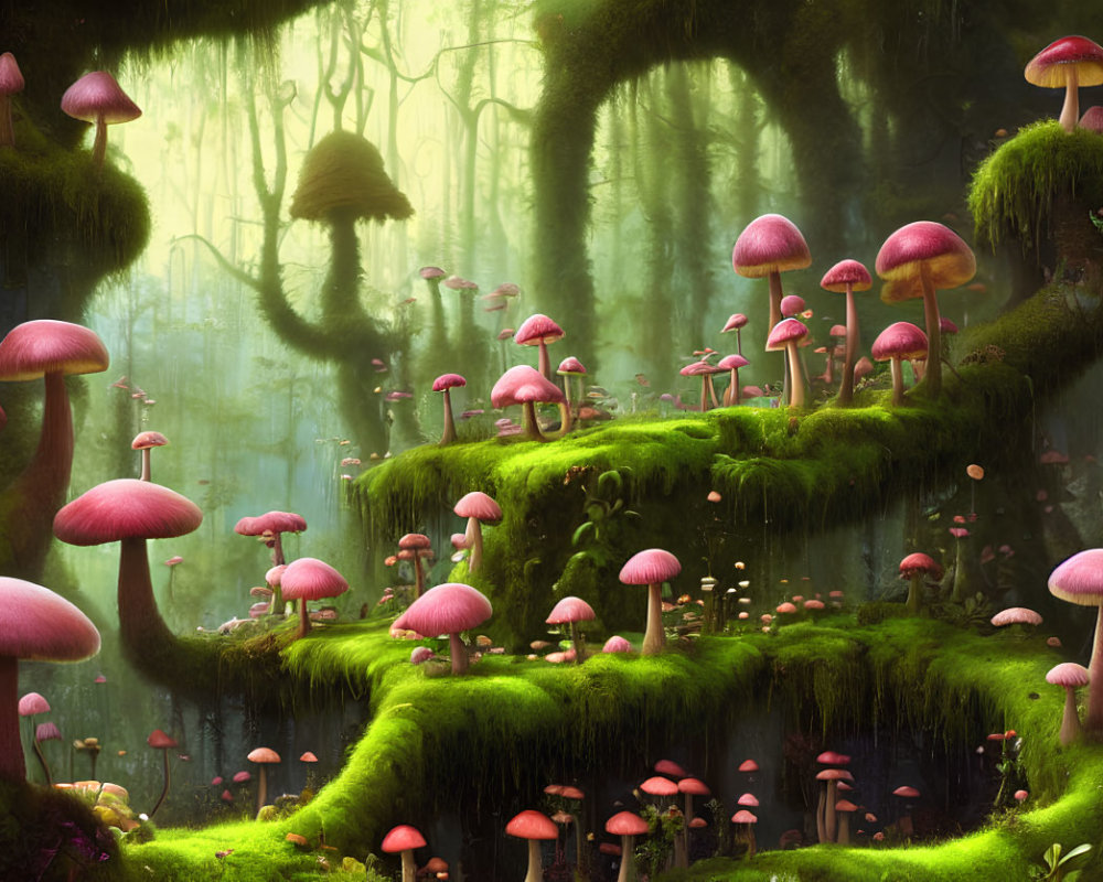 Enchanted forest scene: oversized pink mushrooms, moss-covered terraces, misty atmosphere, green